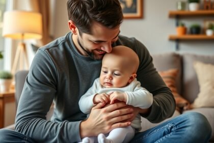Apa a babájával, a baba gondozás és a kötődés bemutatása.