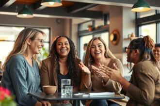 Négy nő beszélget egy kávézóban, örömmel és barátsággal.