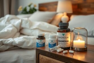 Magnézium étrend-kiegészítők egy hálószoba asztalon