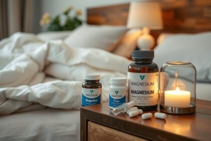 Magnézium étrend-kiegészítők egy hálószoba asztalon