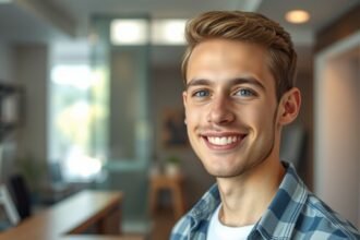 Fiatal férfi mosolyog a munkahelyi környezetben.