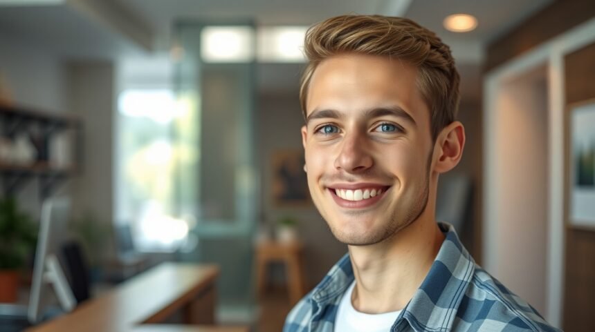 10 jel, hogy egy kolléga kedvel téged a munkahelyeden 1 Fiatal férfi mosolyog a munkahelyi környezetben.