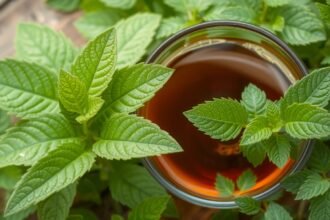 Friss csalánlevél és csalántea pohárban bőrápoláshoz és hajápoláshoz.