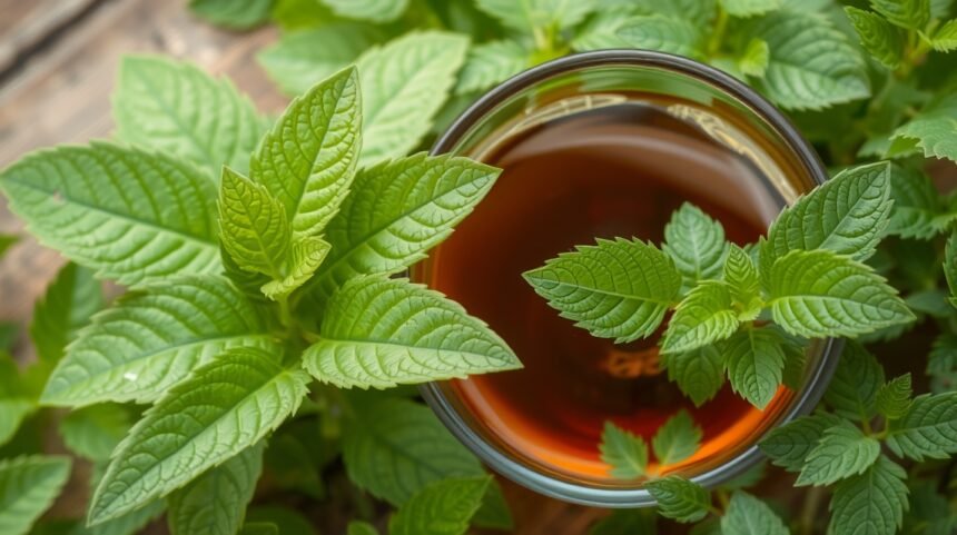 Friss csalánlevél és csalántea pohárban bőrápoláshoz és hajápoláshoz.