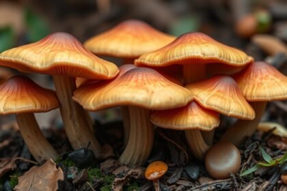 Sárga gombák csoportja frissen a földön, természetes környezetben.