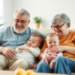 Nagyszülők játszanak unokáikkal a kanapén, boldog pillanatok.