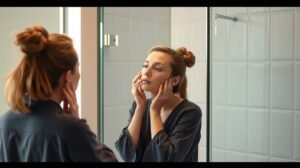 Esti bőrápolási rutin: nő a tükör előtt, bőrápolás közben.