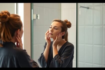 Esti bőrápolási rutin: nő a tükör előtt, bőrápolás közben.