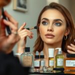 Nő sminkel a tükör előtt, különböző kozmetikumokkal körülvéve.