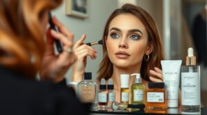 womensway 146 Nő sminkel a tükör előtt, különböző kozmetikumokkal körülvéve.