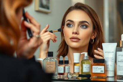 Nő sminkel a tükör előtt, különböző kozmetikumokkal körülvéve.