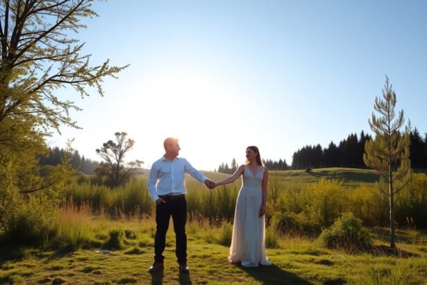 Pár együtt a természetben, a naplementében, kapcsolat megerősítés