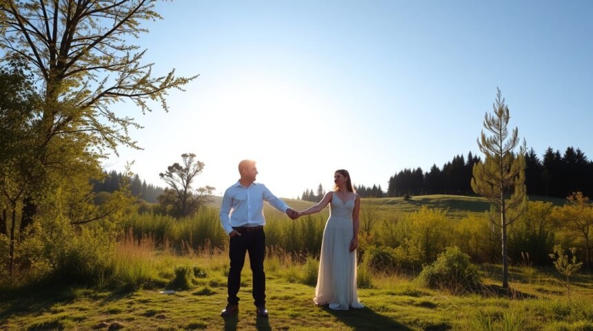Pár együtt a természetben, a naplementében, kapcsolat megerősítés