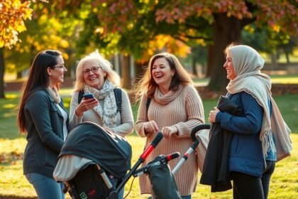 Négy nő beszélget a parkban, kisbabás barátságok ápolása közben.