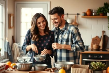 Fiatal pár együtt készít ételt a konyhában, élvezetes házimunka.