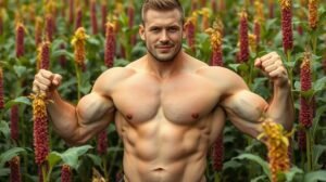 Férfi izomépítés amaránt mezőn, egészséges táplálkozás