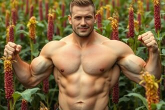 Férfi izomépítés amaránt mezőn, egészséges táplálkozás