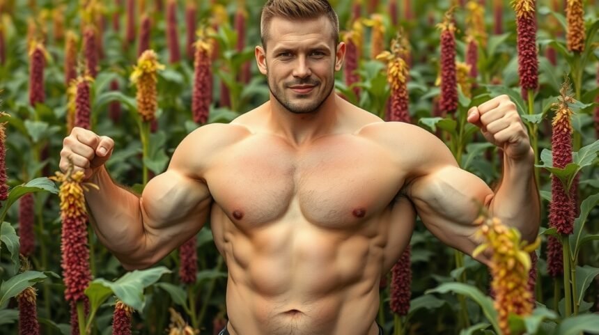 Férfi izomépítés amaránt mezőn, egészséges táplálkozás