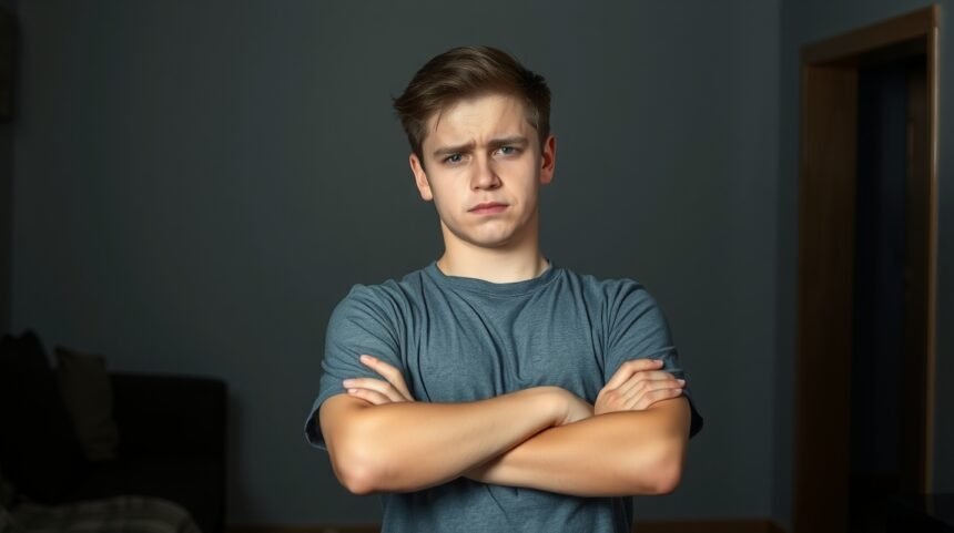Mérges fiú összefont karokkal, figyelmeztető jelek párkapcsolatban