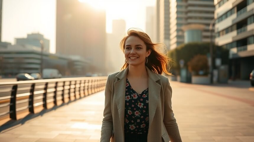 Egy fiatal nő mosolyogva sétál a városban naplementében.