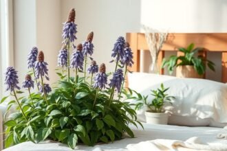 Macskagyökér virágzó növény nyugodt hálószobai környezetben.