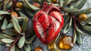 Szív alakú művészeti darab olívaolajjal és levelekkel.