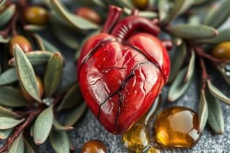 Szív alakú művészeti darab olívaolajjal és levelekkel.