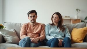 womensway 136 Feszült pár ül a kanapén, érzelmi távolság jelei láthatók.