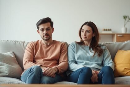 Feszült pár ül a kanapén, érzelmi távolság jelei láthatók.