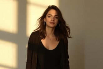 Nő szembenéz a kamerával, mialatt megerősíti magát.