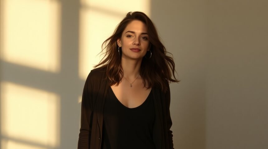 Nő szembenéz a kamerával, mialatt megerősíti magát.