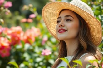 Nő nyári kalapban virágok között, frissesség és egészség.