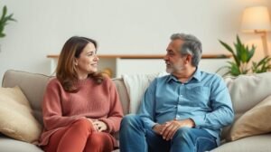 Két barát beszélget a kanapén, támogató légkörben a szakítás után.