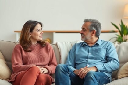 Két barát beszélget a kanapén, támogató légkörben a szakítás után.