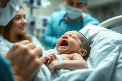 Újszülött baba sírása kórházban, szülők és orvosok körében.