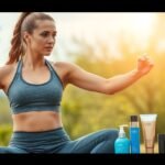 Nő edzés közben szépségápolási termékekkel a természetben