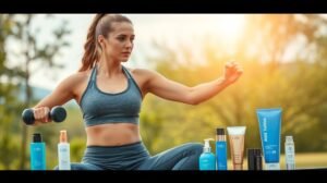 Nő edzés közben szépségápolási termékekkel a természetben