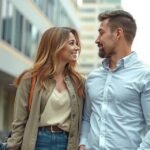 Boldog pár, aki együtt sétál a városban