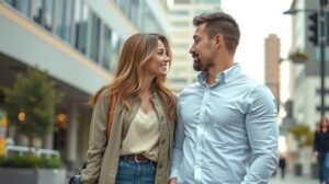 Boldog pár, aki együtt sétál a városban