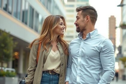 Boldog pár, aki együtt sétál a városban