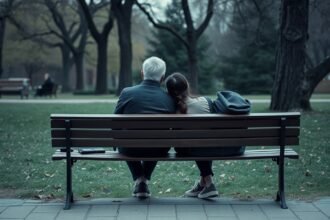 Egy pár a padon ülve, közel egymáshoz, érző kapcsolatban.