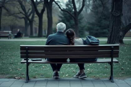 Egy pár a padon ülve, közel egymáshoz, érző kapcsolatban.