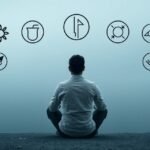 Egy ember meditál jelképek előtt, a kapcsolatok megértéséért.