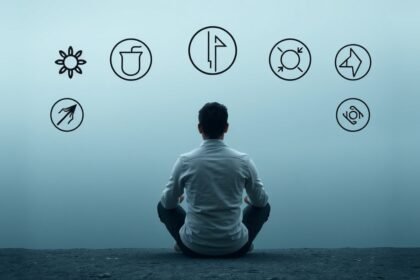 Egy ember meditál jelképek előtt, a kapcsolatok megértéséért.