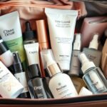 Utazás közbeni bőrápolási termékek a táskában.