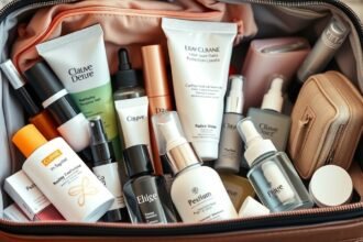 Utazás közbeni bőrápolási termékek a táskában.