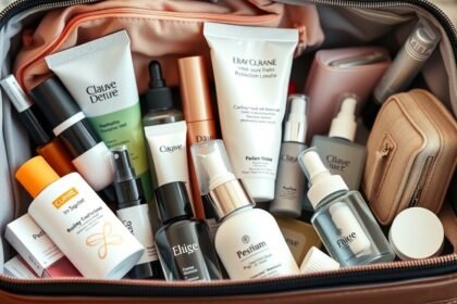 Utazás közbeni bőrápolási termékek a táskában.