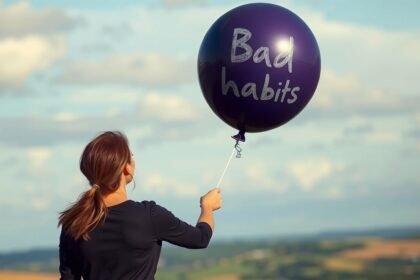 Nő, aki egy lila lufit tart a kezében, ami a romboló szokásokra utal.