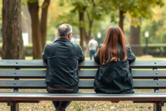 Két ember ül egy padon, a parkban, reflektáló pillanatban.