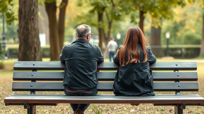 Két ember ül egy padon, a parkban, reflektáló pillanatban.